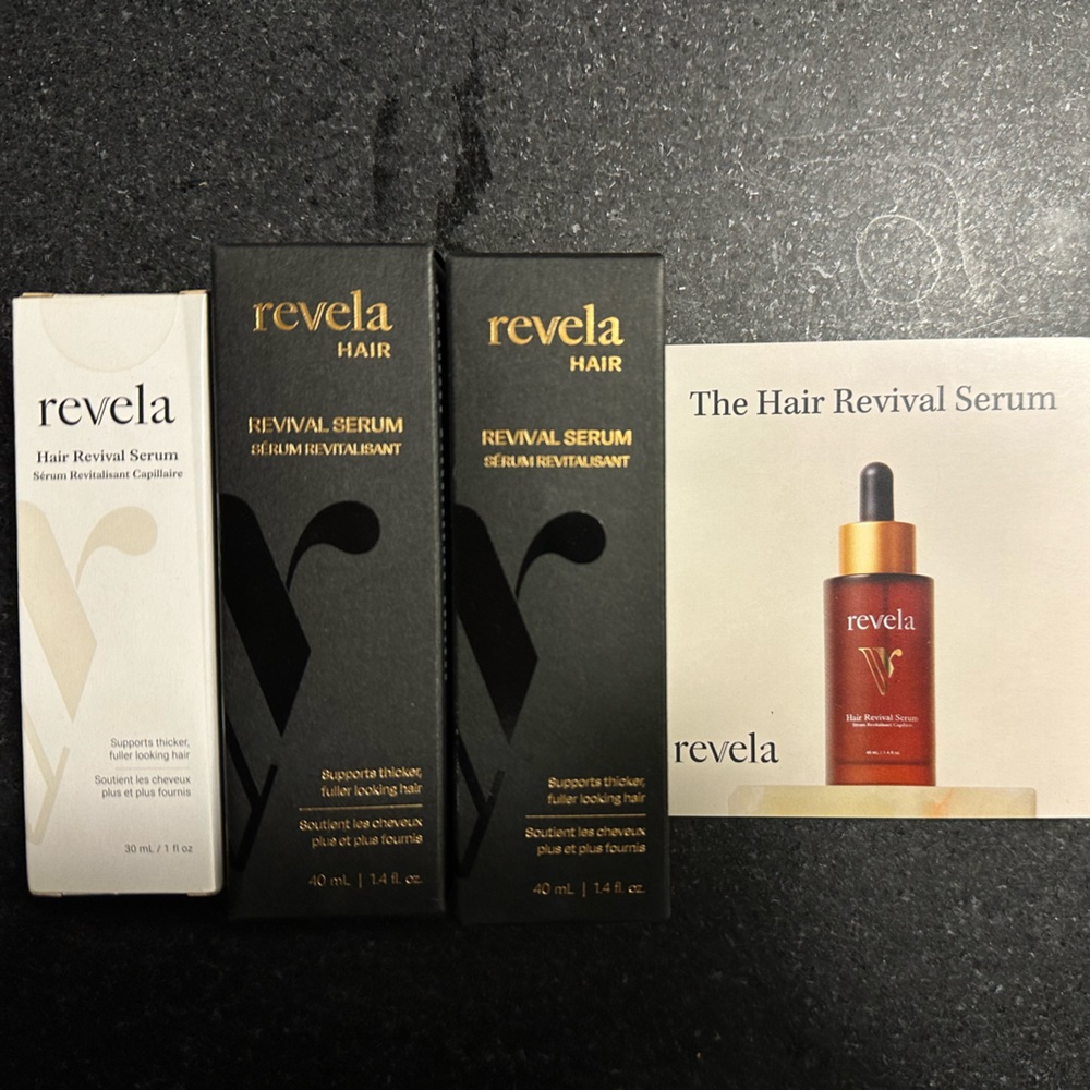 Two 40 mL and one 30 mL bottles of Revela Hair Revival Serum